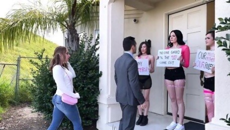 Group dicking on the sofa with naughty Charlotte Sins & Maya Woulfe
